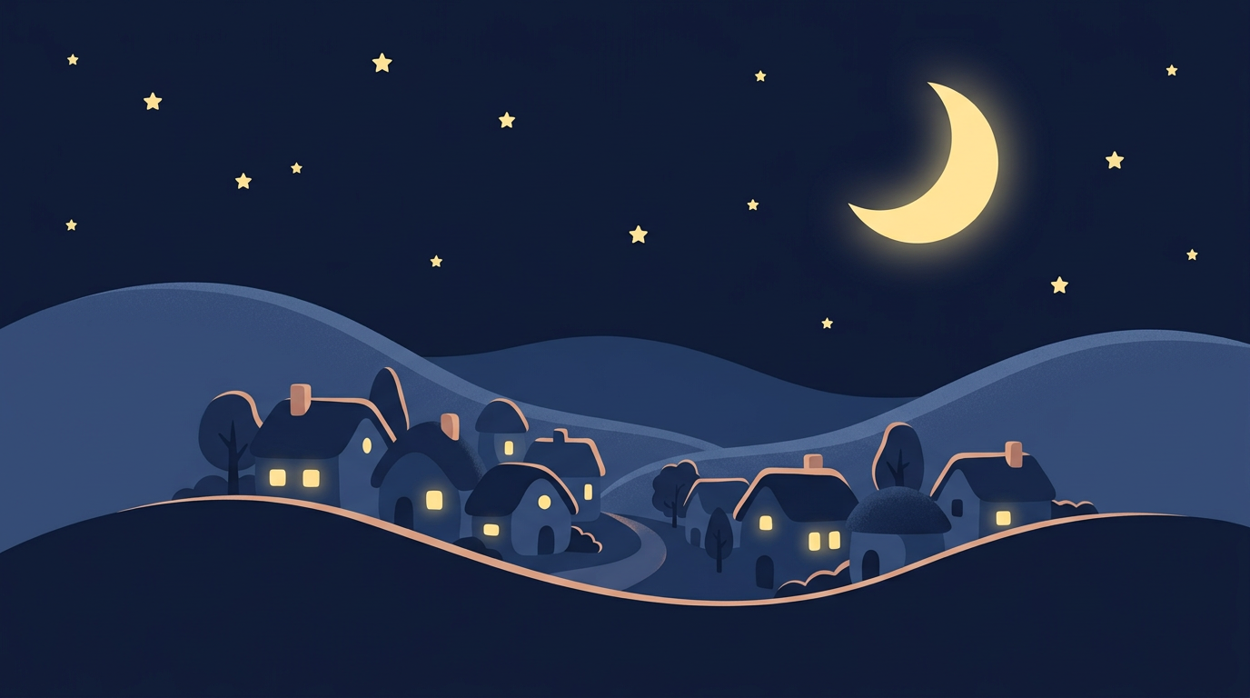 A sleepy hillside town beneath a crescent moon